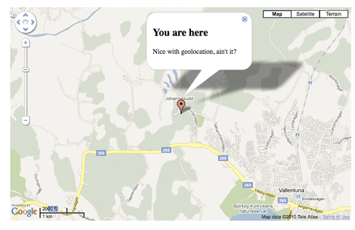 A picture of using geolocation to find out the current location of the user and display it with Google Maps