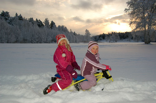 A picture of children on a snow racer