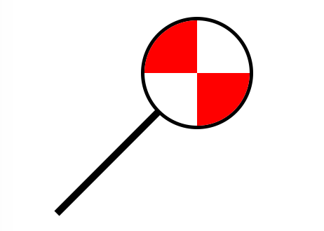 A picture of a looking glass with red and white shapes in it